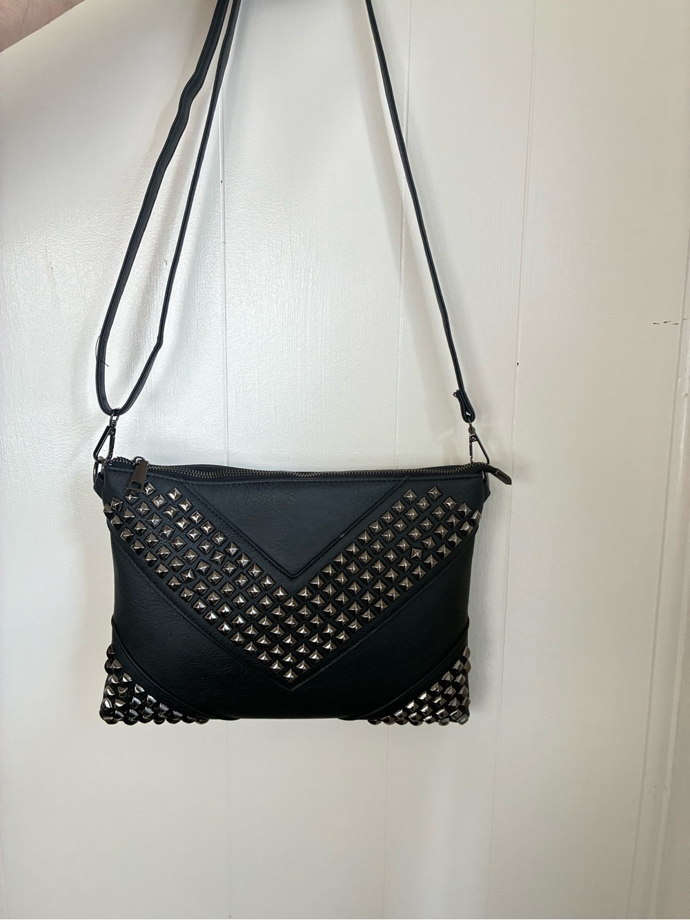 Black Studded V-Panel Crossbody Bag
